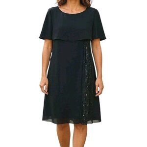 Le Bos Chiffon Cape Dress Size 16W Rhinestones Lace Ruffle Sequin Cocktail Black